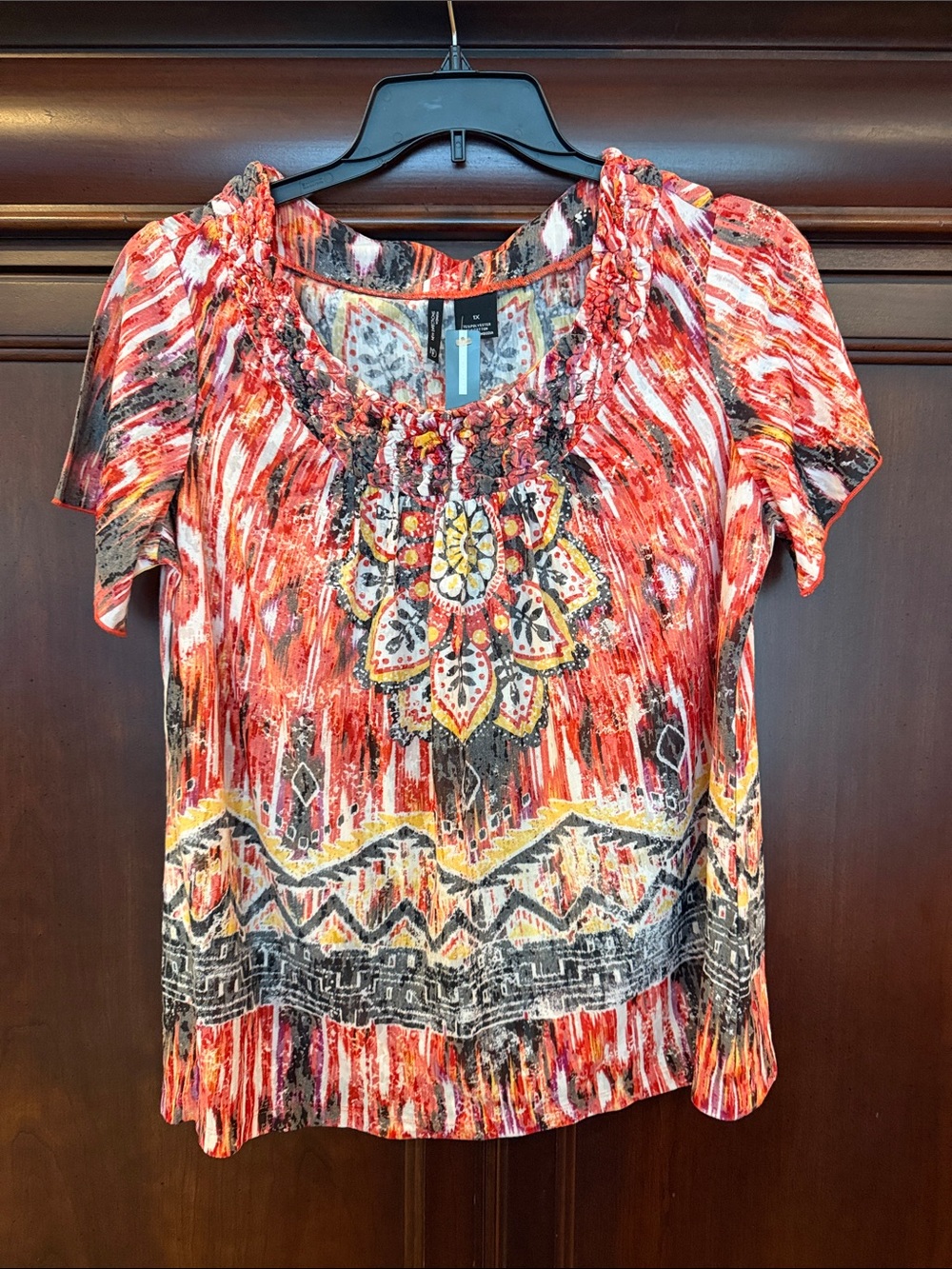 new directions Red Floral-Print Short Sleeve Blouse